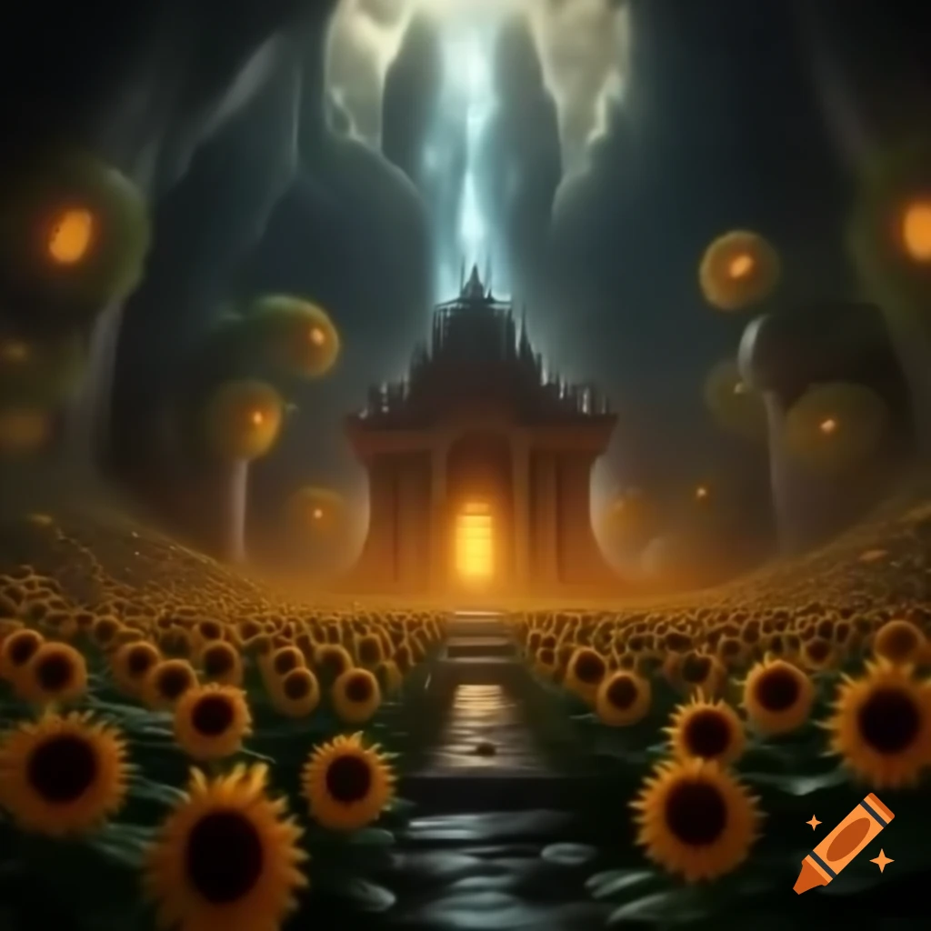 Underdark scene with glowing sunflowers, temple, and cultists in a cave