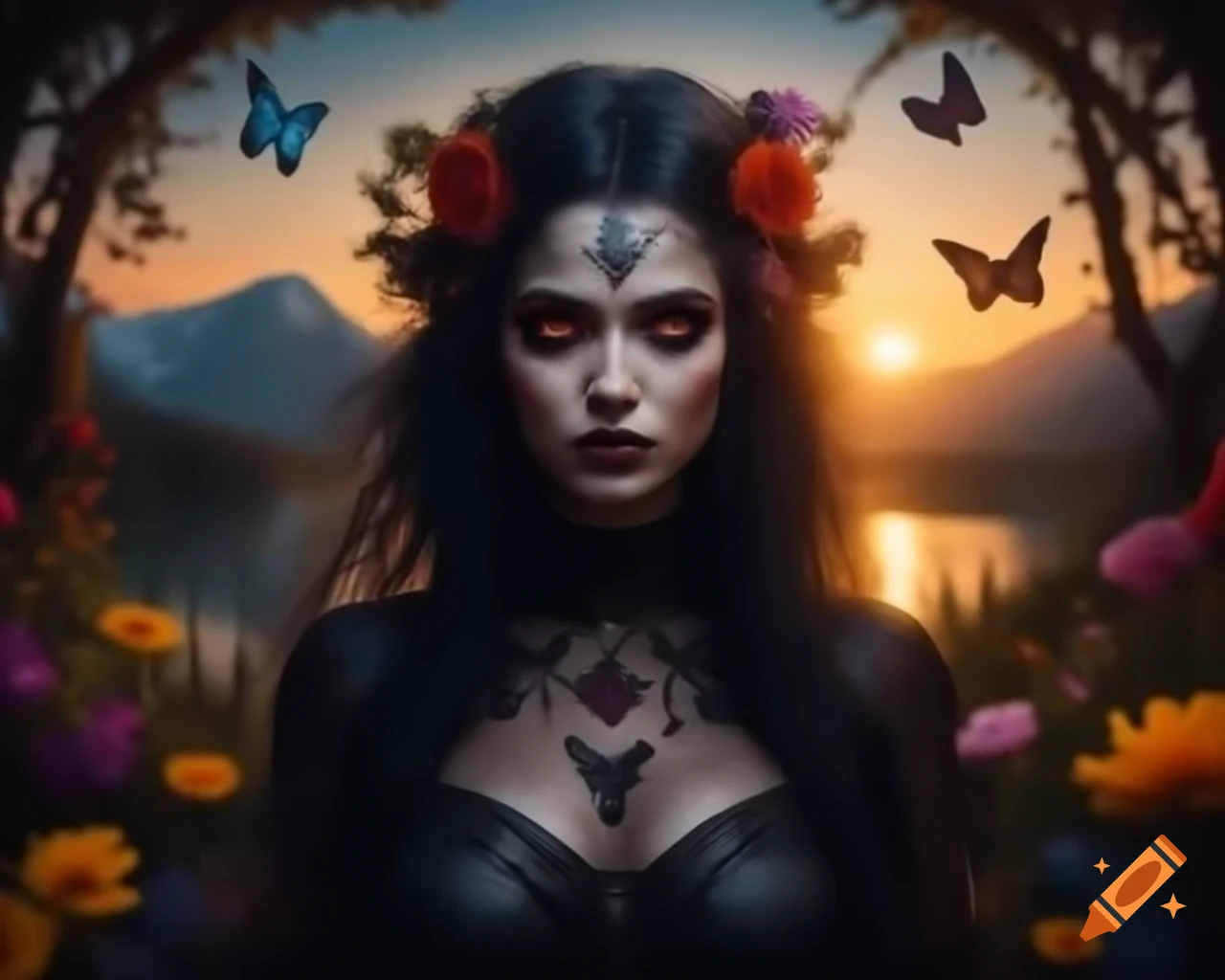 Hyperrealistic Gothic woman with flowers and butterflies in her hair, deep eyes and freckles
