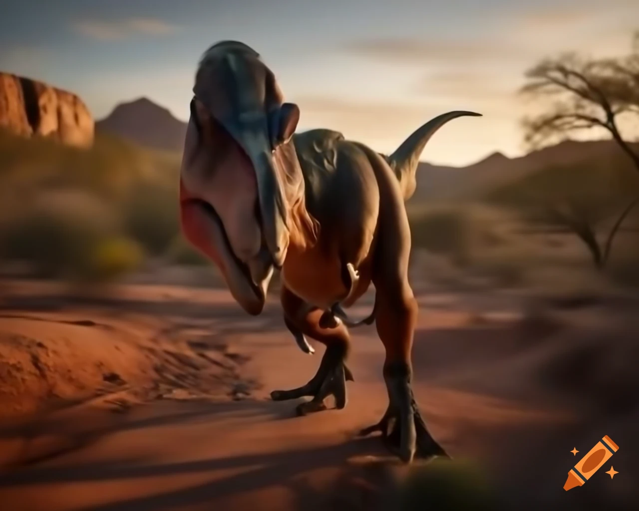 Cinnamon-colored and grey striped Carnotaurus crossing ravine in outback landscape during warm morning light