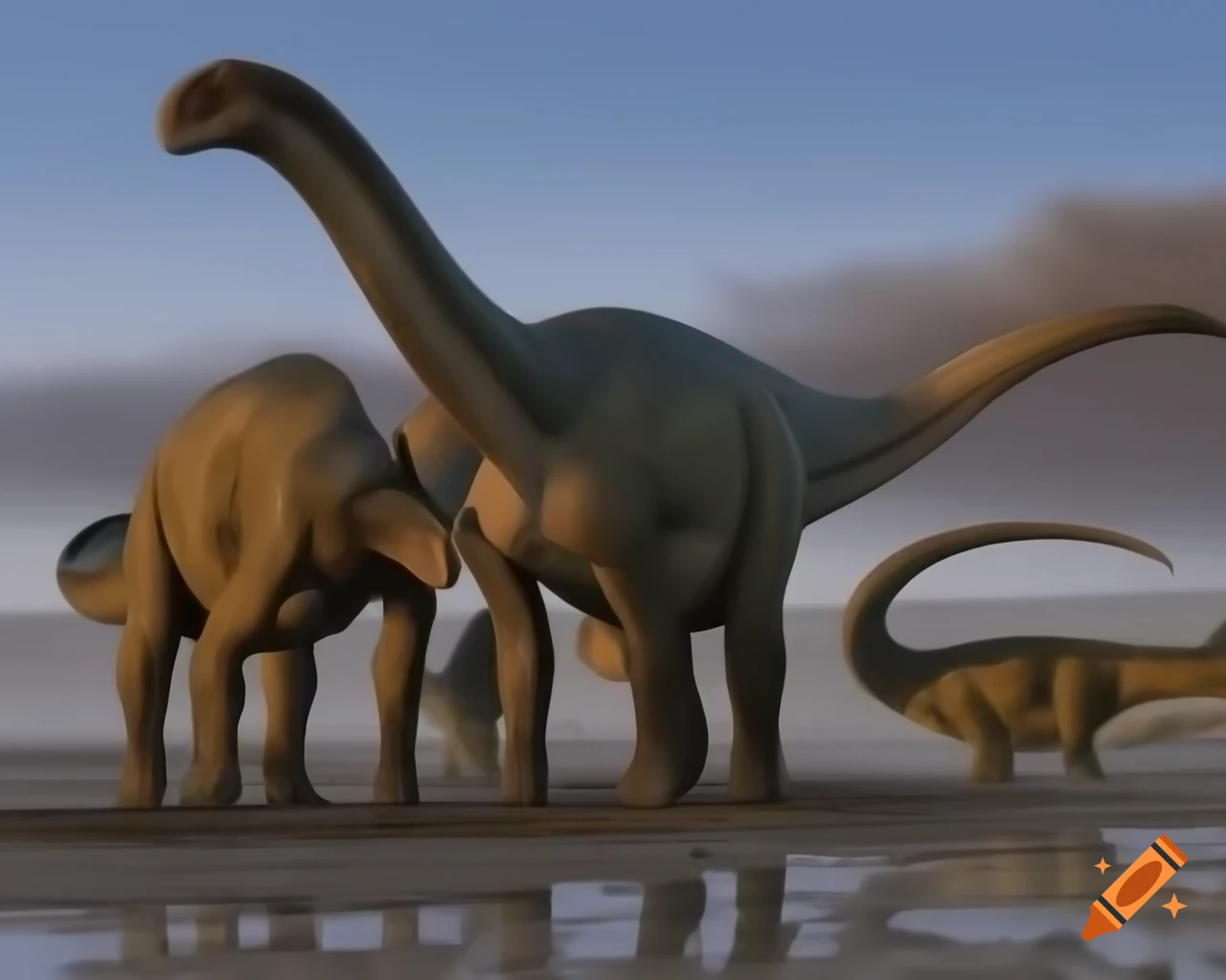 Three cinnamon-colored Hadrosaurus dinosaurs in a muddy flat with driftwood in morning light