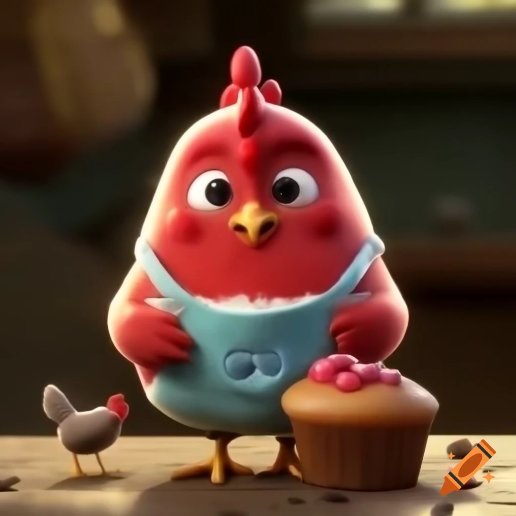 Little red hen in apron holding a cupcake