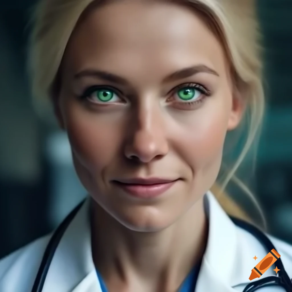 Young blonde female doctor with green eyes consulting older male patient in hyperrealistic style