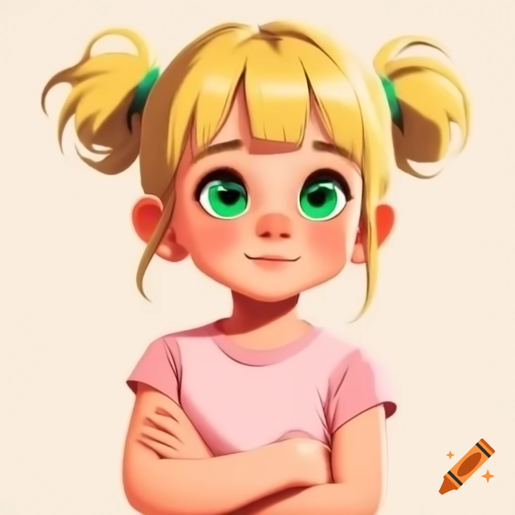 Anime girl with blonde hair and green eyes, wearing pink sleeveless t-shirt and crossed arms