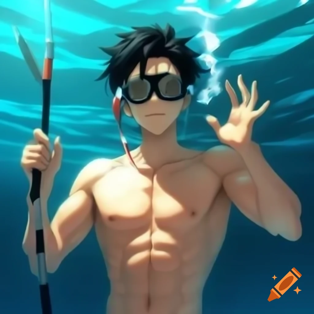 Anime man with black hair wearing snorkeling goggles underwater on craiyon