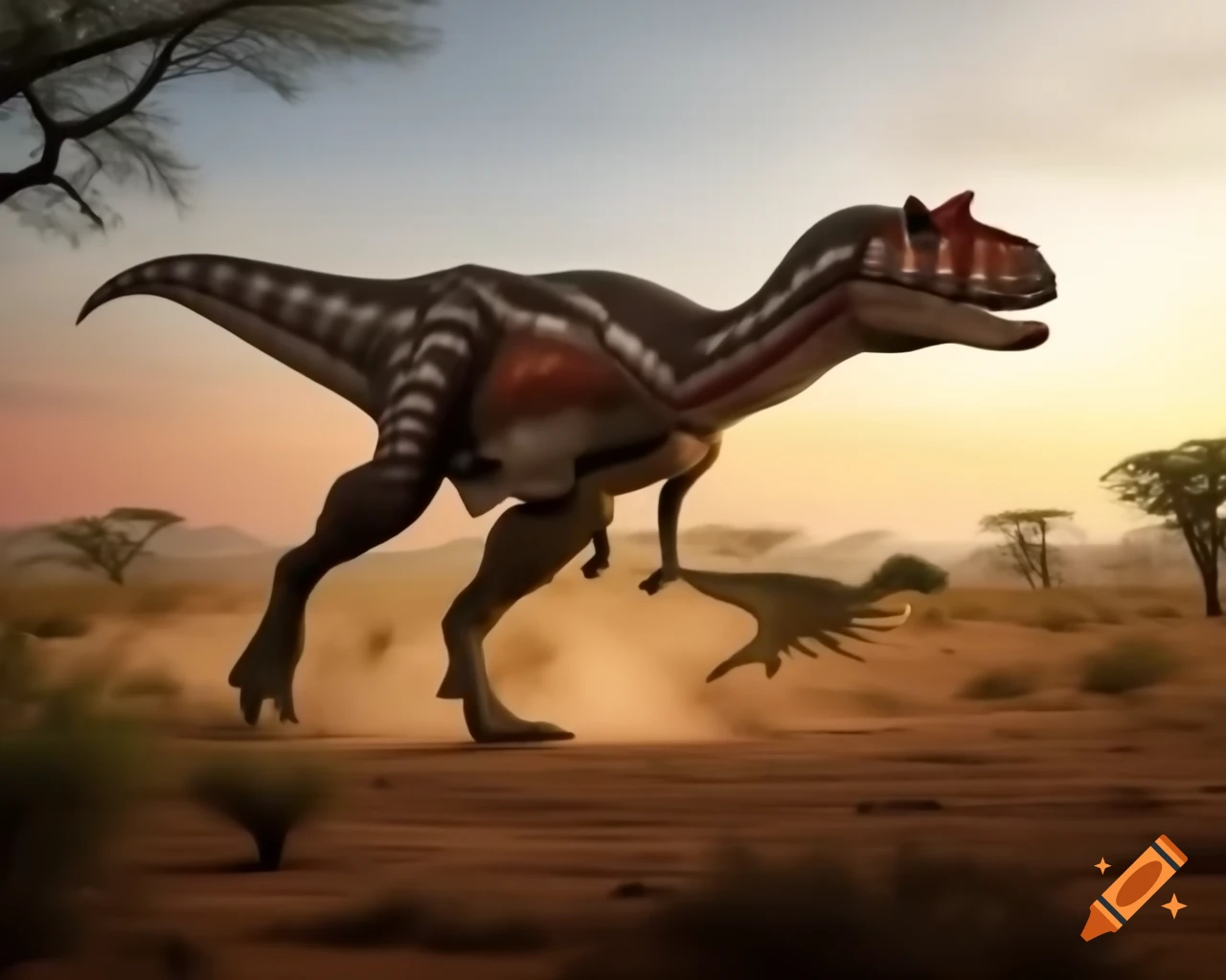 Cinnamon-striped carnotaurus chasing smaller dinosaur in outback landscape during golden hour