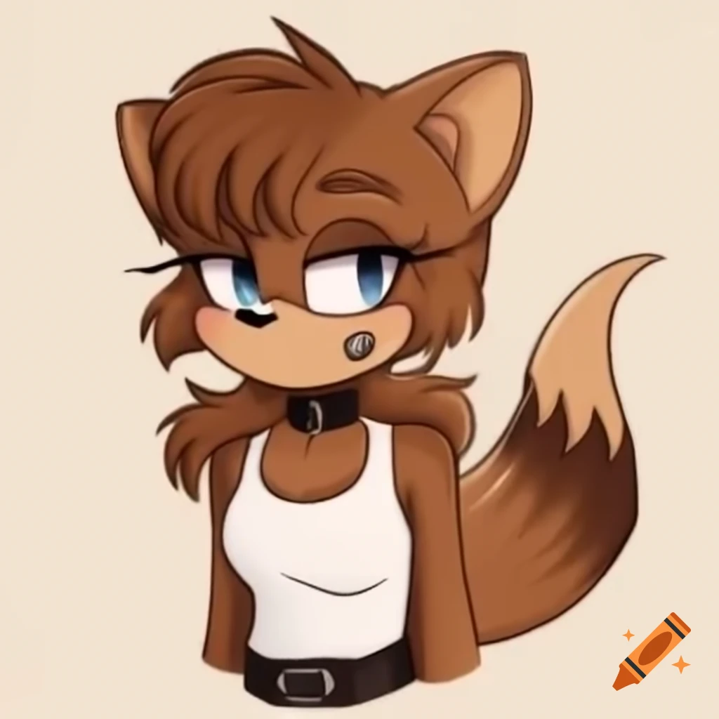Sonic-style badger girl with brown fur in white tank top and black collar