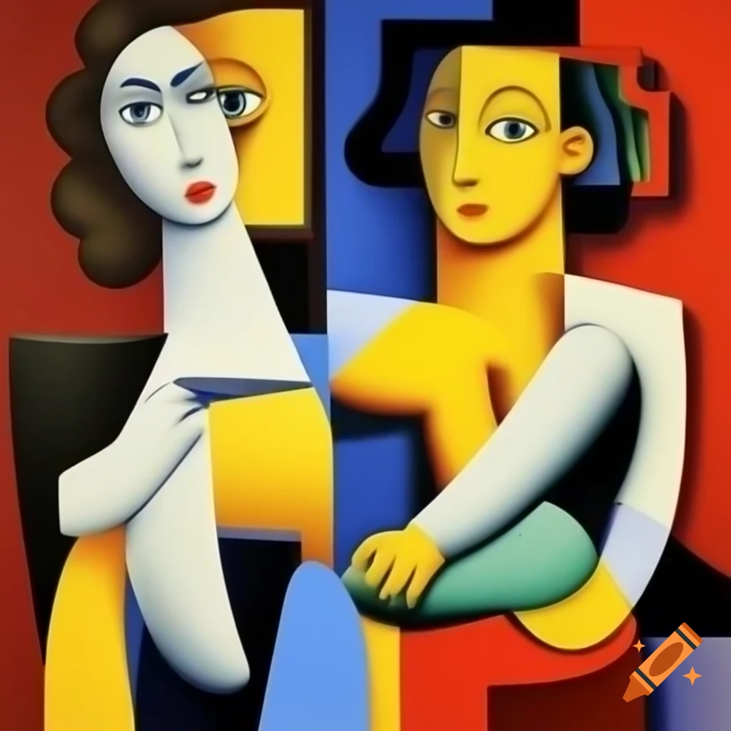 Cubist style painting of women inspired by Norman Rockwell and Paul Klee