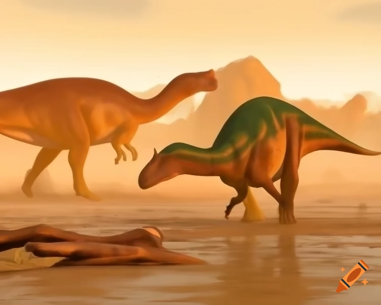 Cinnamon colored Hadrosaurus Dinosaurs In Muddy Flat With Driftwood In Cinnamon colored Hadrosaurus Dinosaurs In Muddy Flat With Driftwood In