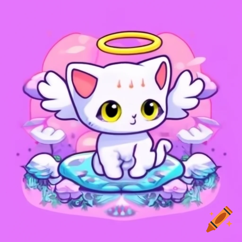 Cute angel kitten in pink and purple themed heaven, anime style