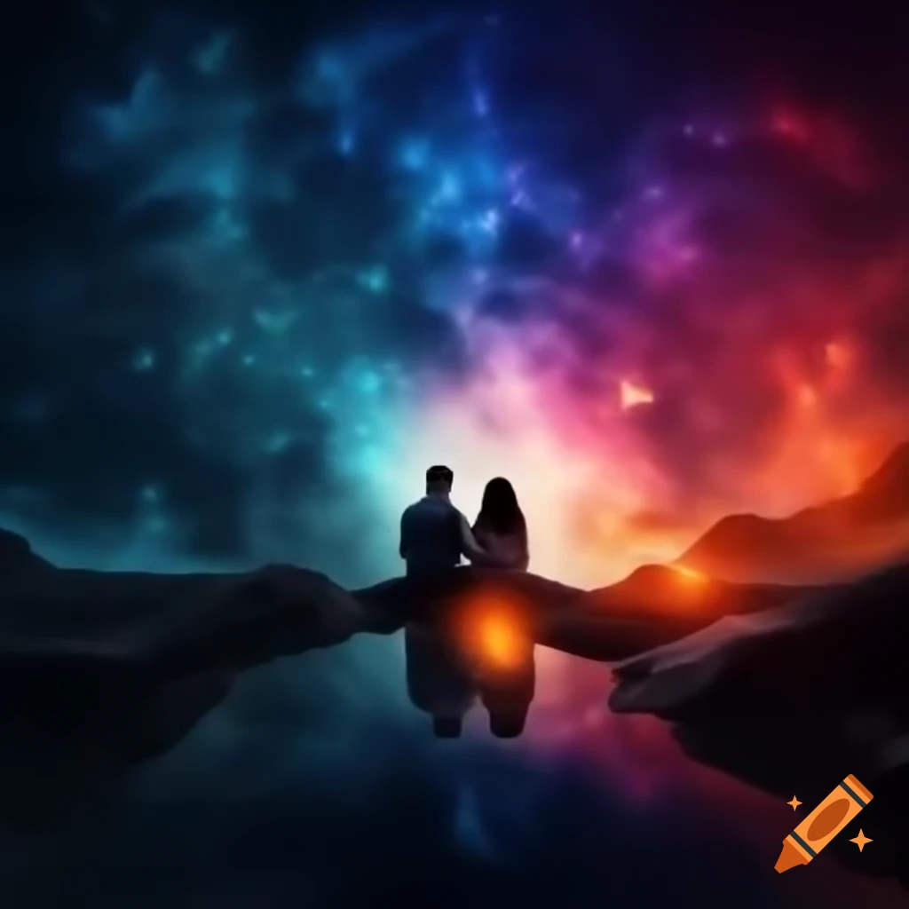 Impressionist art with psychedelic elements in a mystical universe depicting two worlds