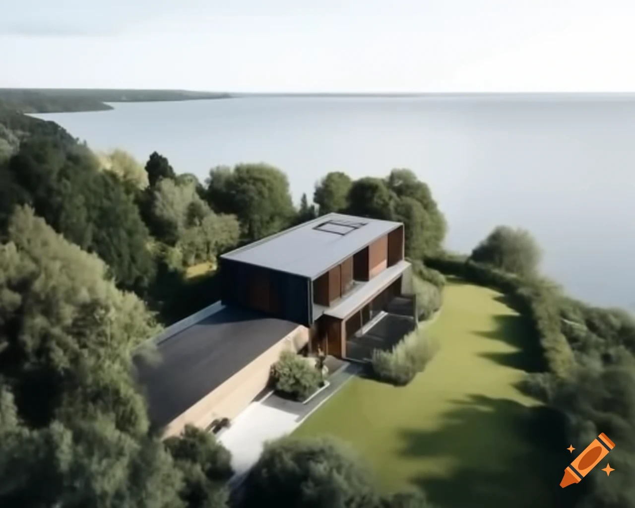 Modern European house surrounded by greenery with sea view and lake