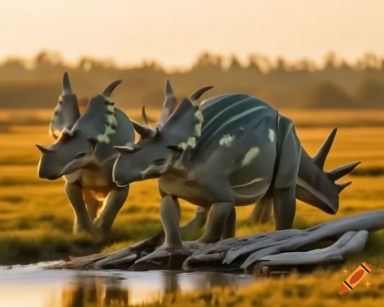 Styracosaurus in cinnamon and grey stripes walking in marshland during golden hour