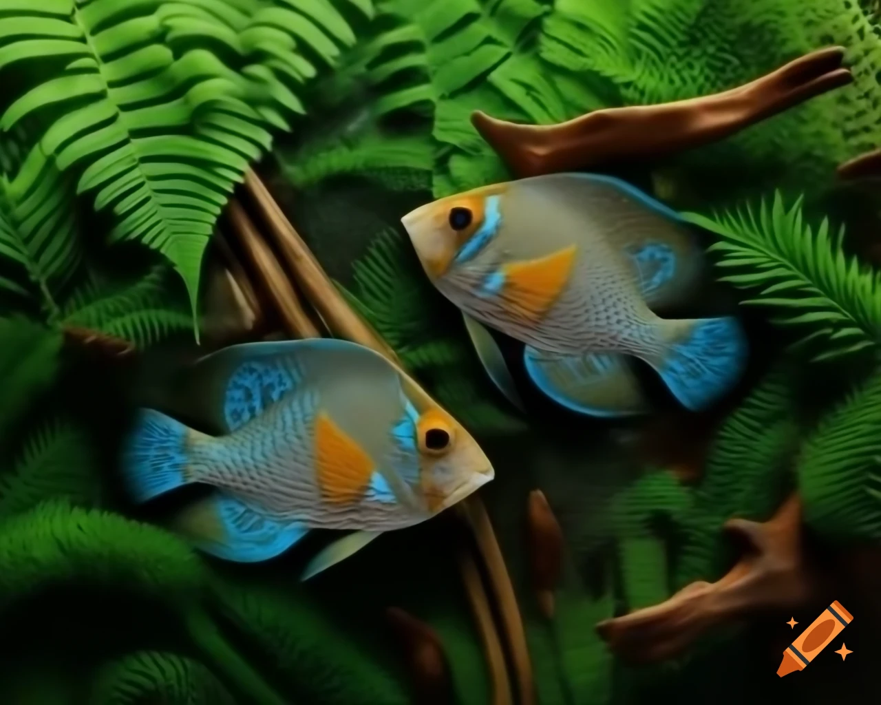 Hadrosaurus dinosaurs with angelfish-like patterns in marshland with horsetails and ferns