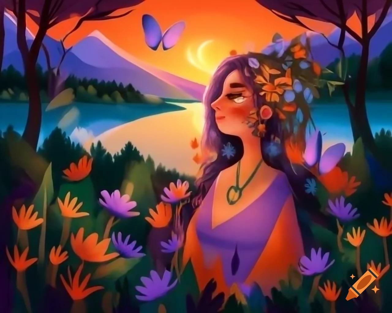 Enchanting woman with colorful hair adorned with wildflowers and butterflies, vibrant sunset background