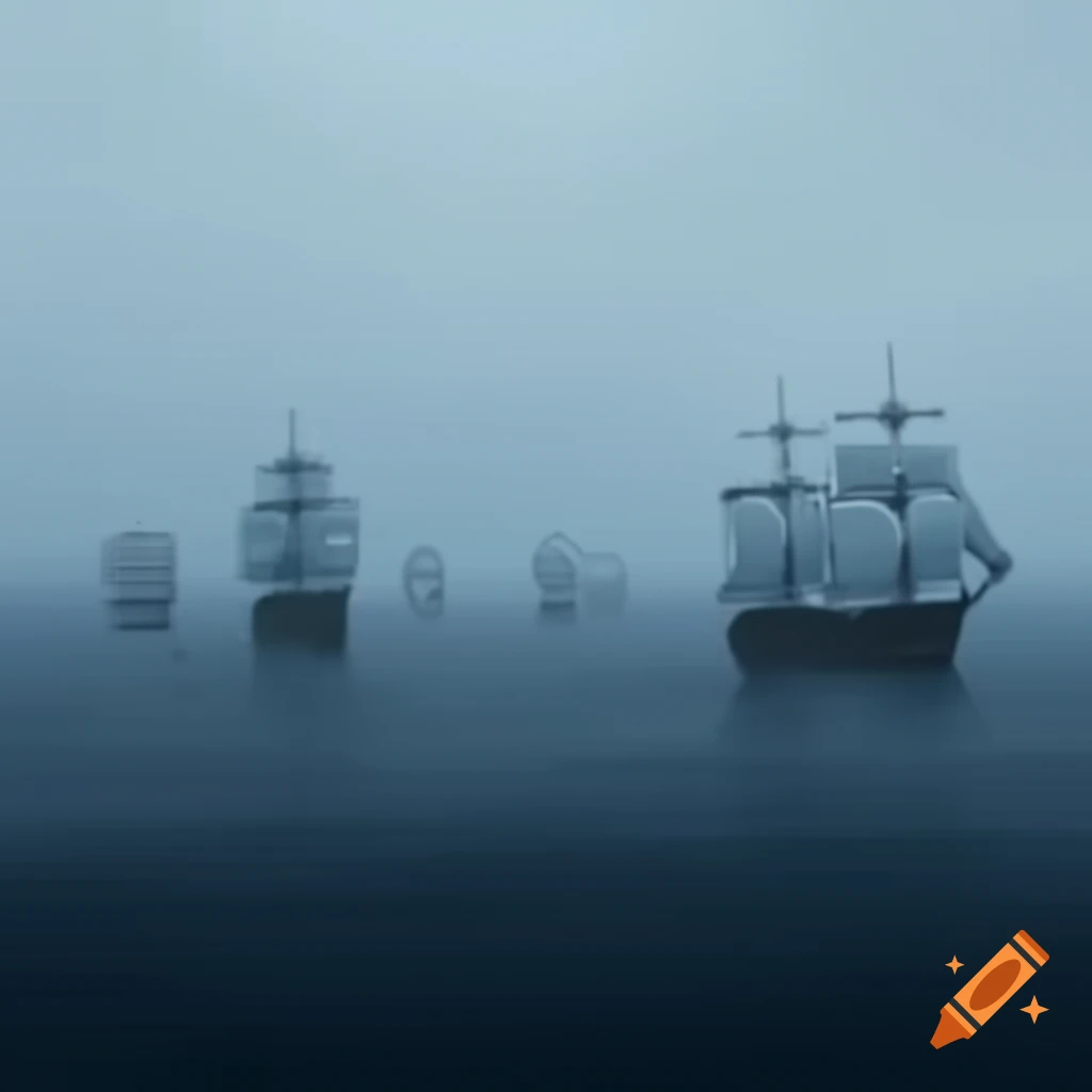17th century English naval fleet in the ocean, foggy minimalist aesthetic
