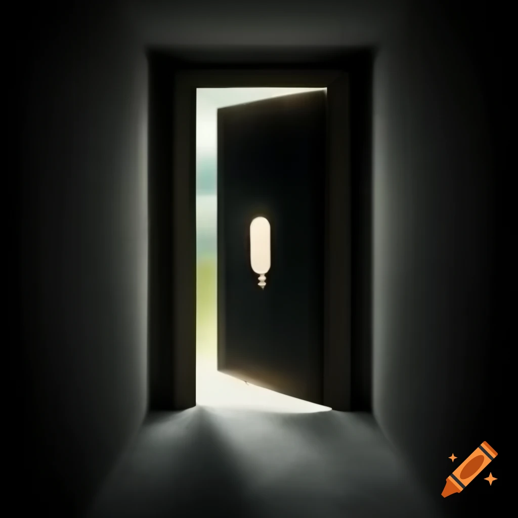 Dark hallway with a padlocked door, photorealistic and detailed