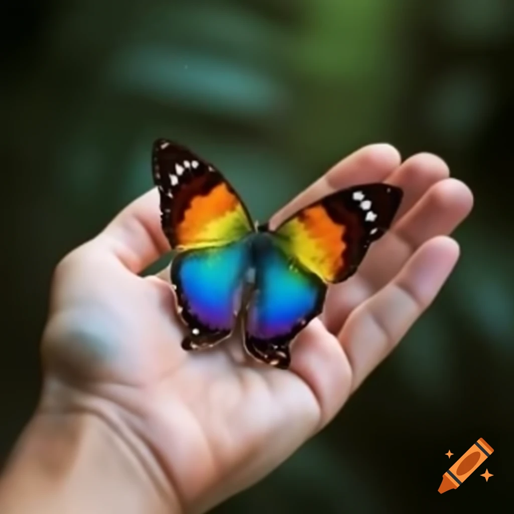 Cosmic rainbow butterfly flying from human hand