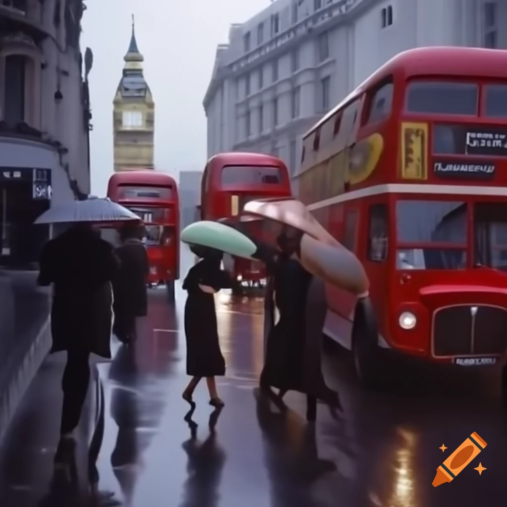 1960s London street scene with red buses and people in colorful umbrellas