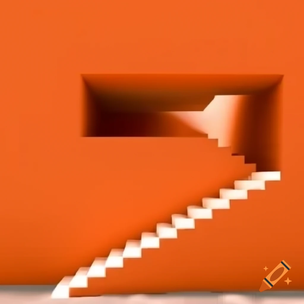 Surreal minimalist house with many stairs and orange walls