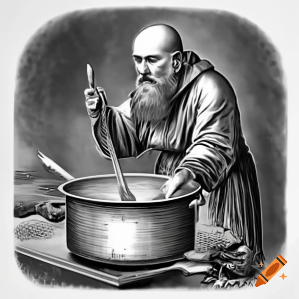 Victorian engraving of bearded monk cooking jam in monastery