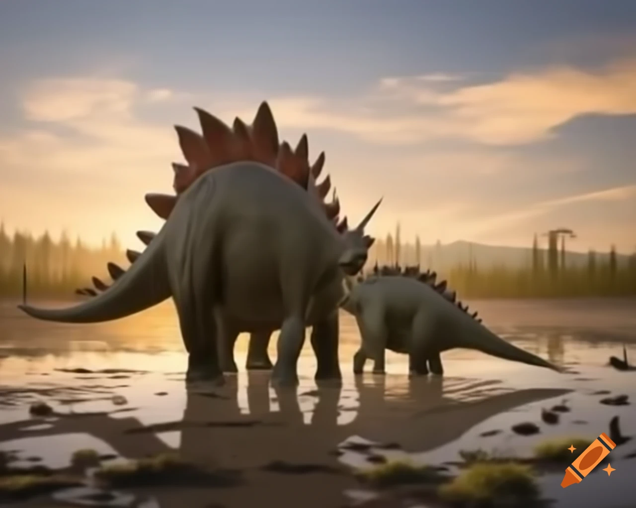 Two Stegosaurus near Diplodocus in muddy flat during golden hour in British Columbia