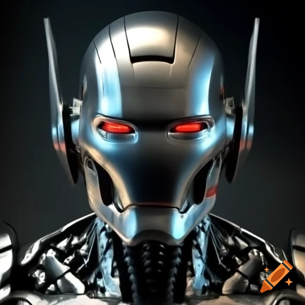 Shiny silver Ultron figure with glowing red eyes and silver fins on head