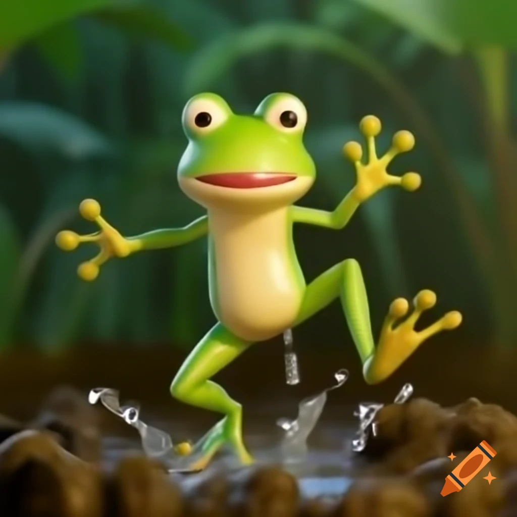 Young frog jumping and splashing in muddy bog in Pixar style