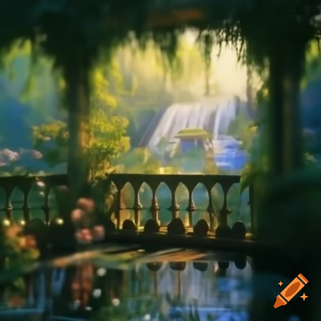 Beautifil Monet-inspired Victorian garden with balcony, pond, and fountain at dawn