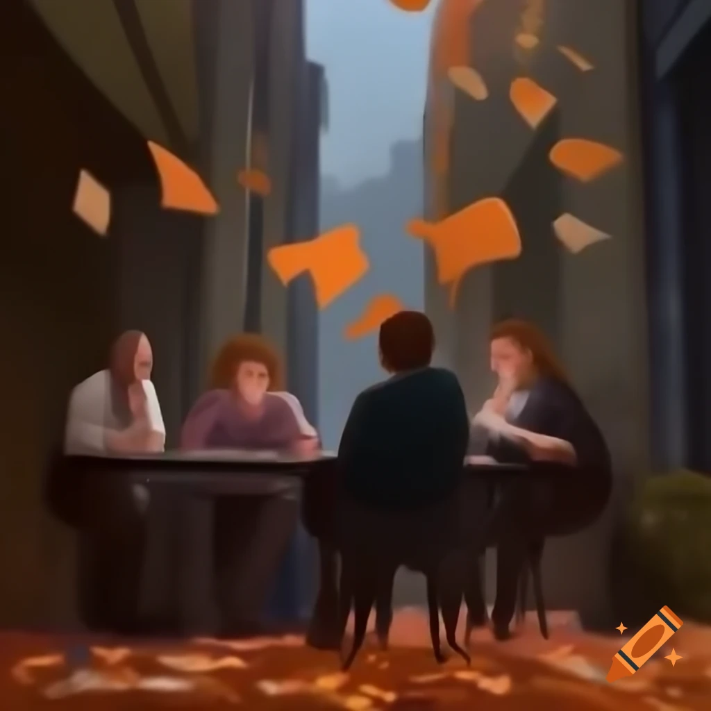 Group of people at desk on stormy street surrounded by tall buildings with flying papers