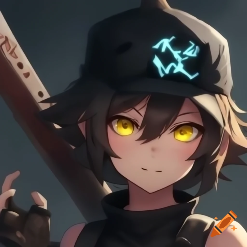 Older anime character Niko with ripped clothes and glowing gang symbol headband, rusty machete, and bored expression