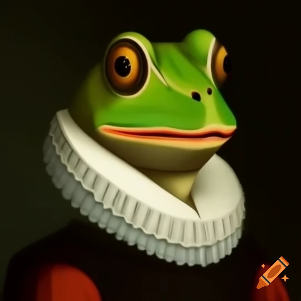 Renaissance portrait of frog wearing a ruff collar