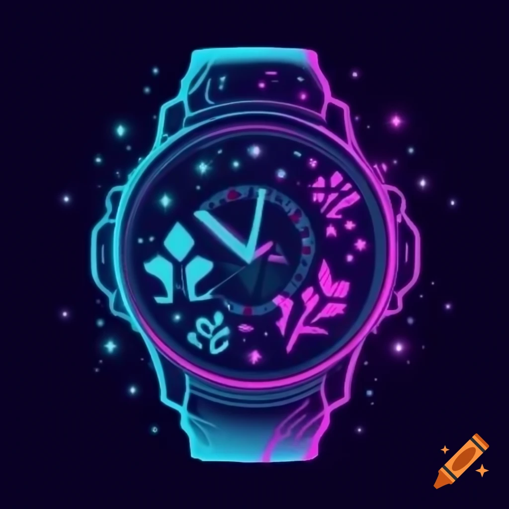 Phosphorescent cyberpunk clock in a forest with flowers and planets