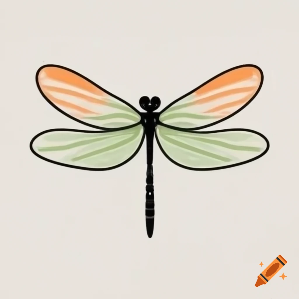 Minimalist black line drawing of a dragonfly with orange and green accents on white background