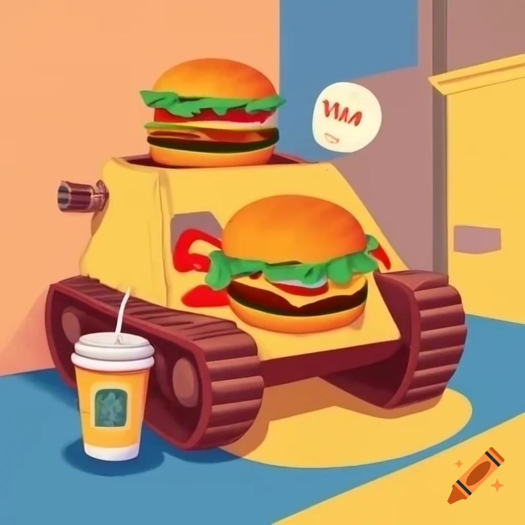 Cartoon tank painted with burger design next to espresso coffee