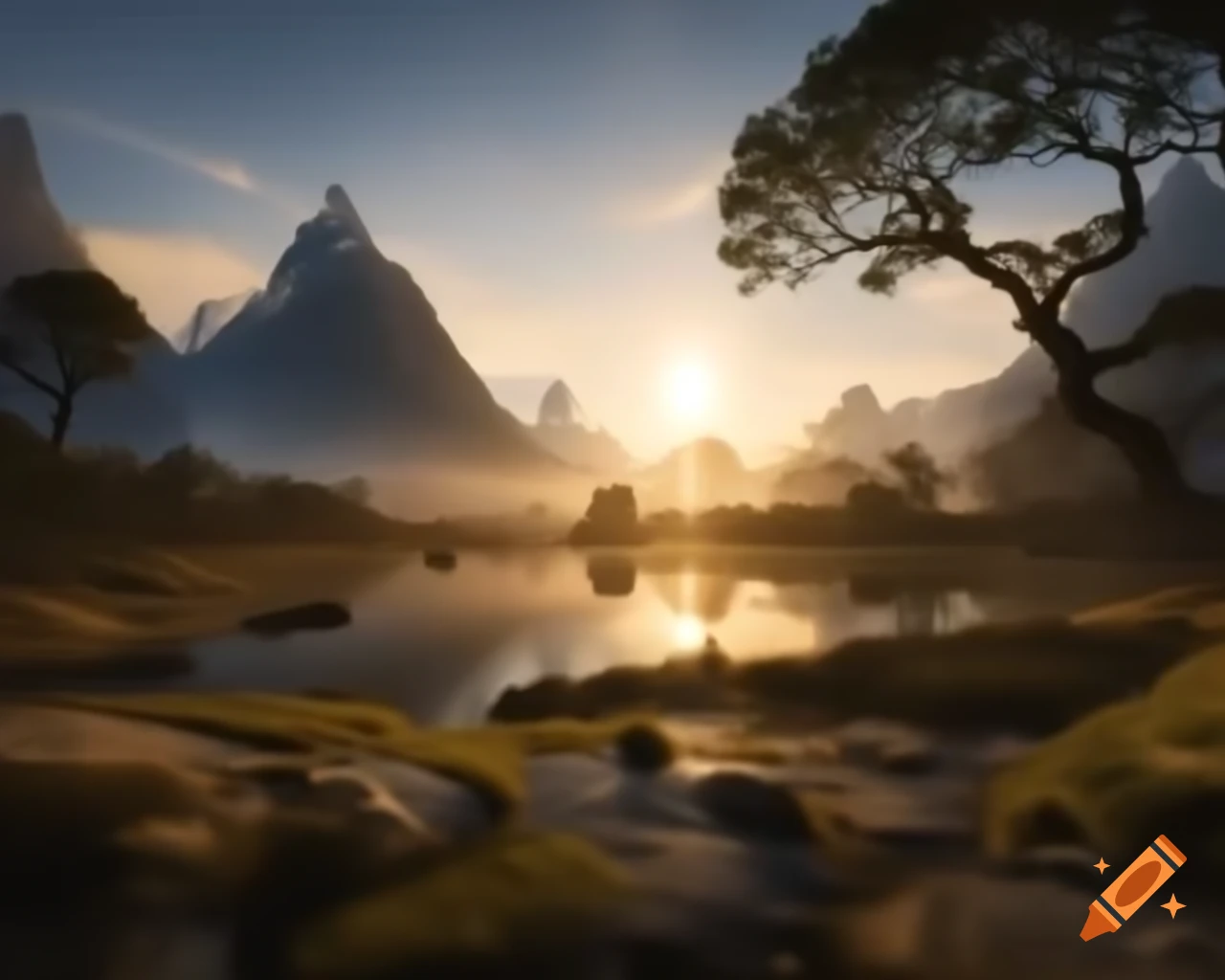 Breathtaking mountain range with flowing rivers and lush trees in an ancient land