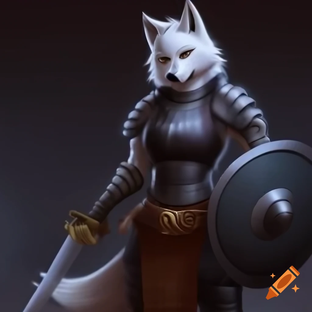 Anthropomorphic female wolf in chainmail armor wielding sword and shield, highly detailed