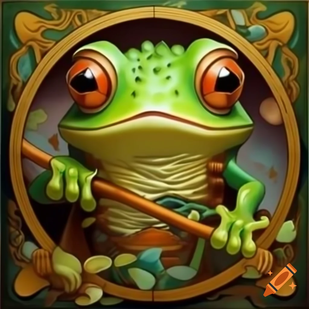 Cartoony frog in Alphonse Mucha art nouveau style, oil painting
