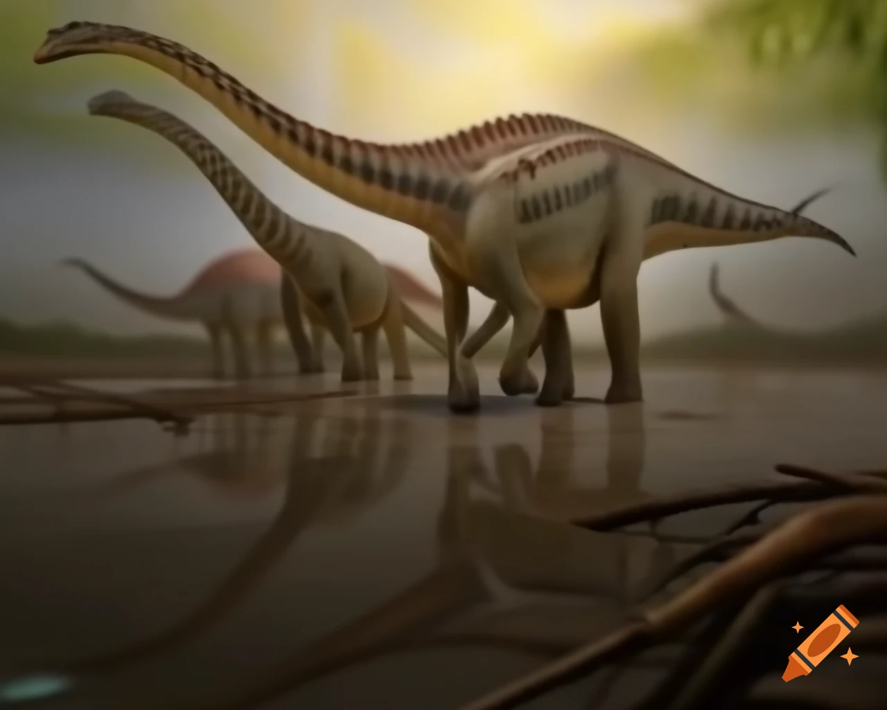 Three cinnamon-colored striped Hadrosaurus dinosaurs in muddy flat with driftwood in morning light