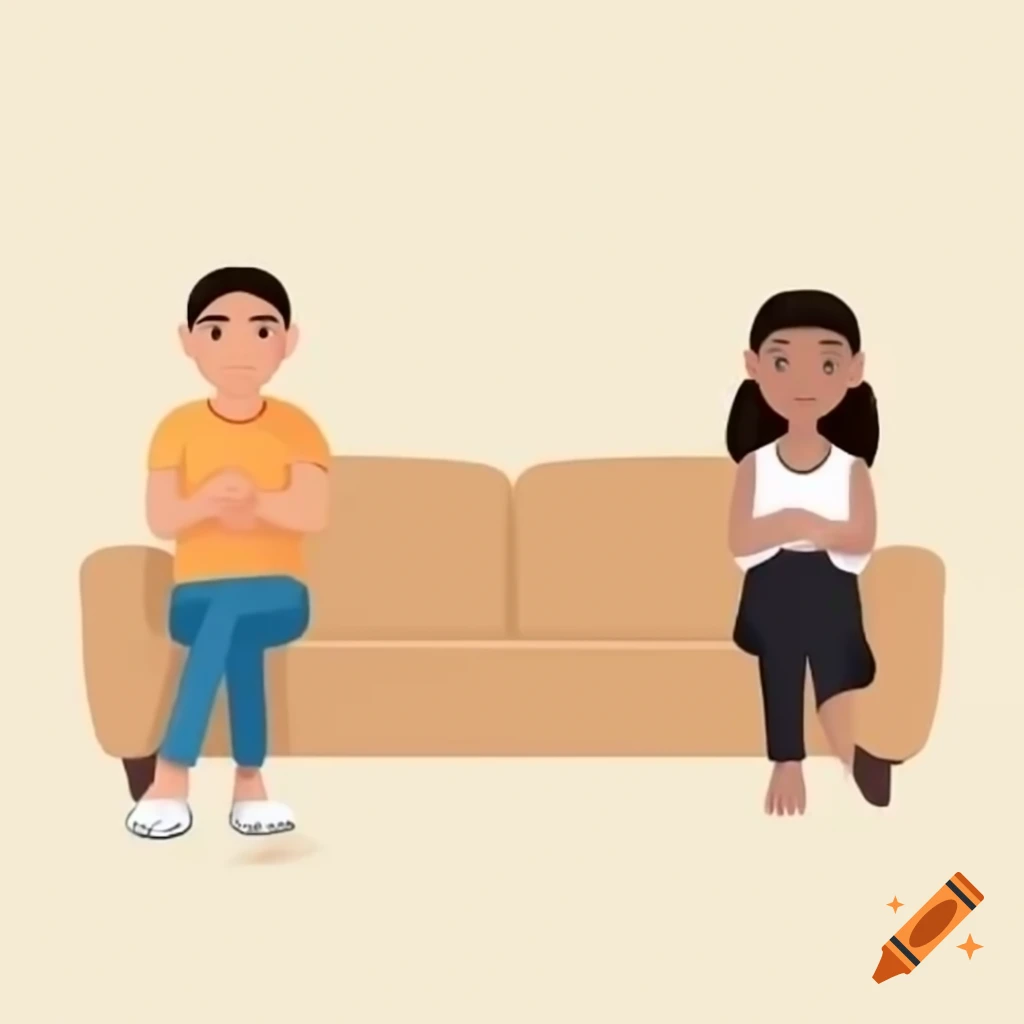 Hispanic guy and black girl sitting on couch looking at each other