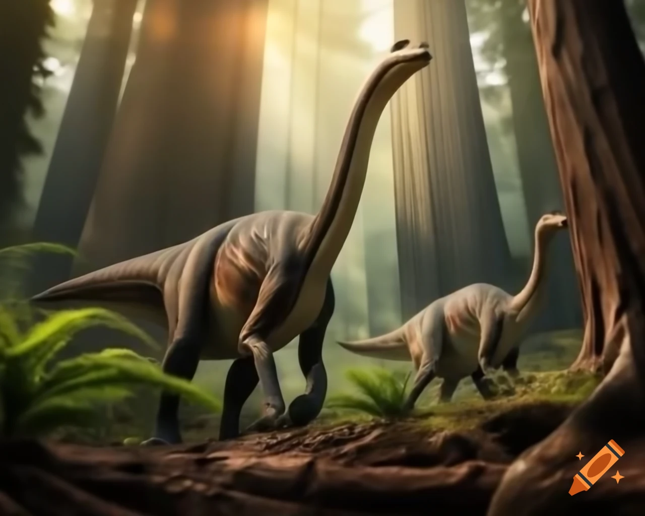 Hadrosaurus crossing ravine in redwood forest with ferns and fallen trees