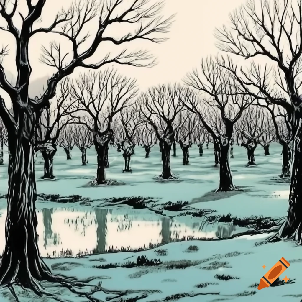 Winter orchard beside a still pond