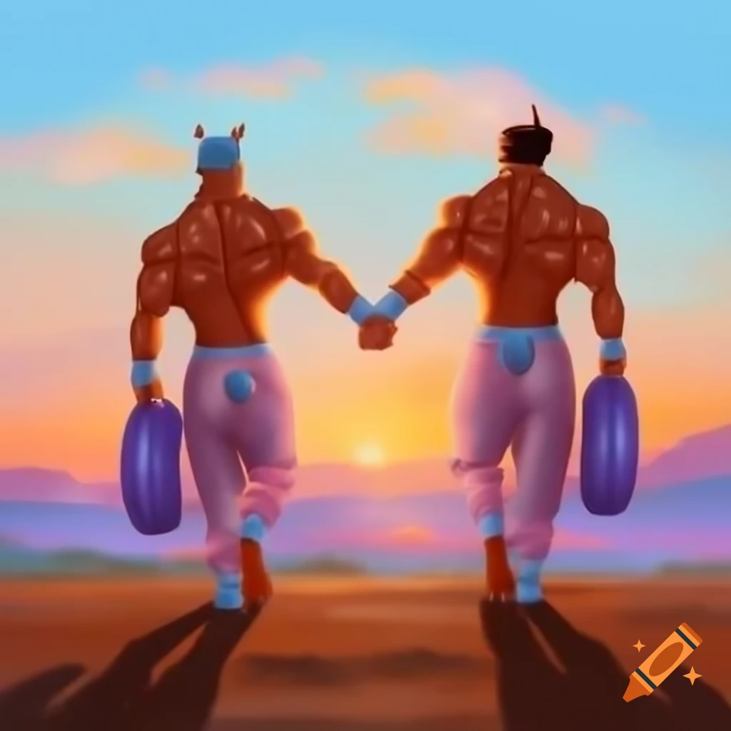 Two muscular men in unicorn onesies skipping towards sunset, realistic painting