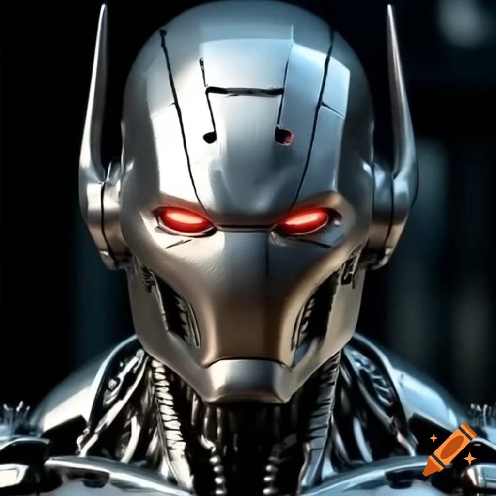 Shiny silver metal Ultron with glowing red eyes and silver fins