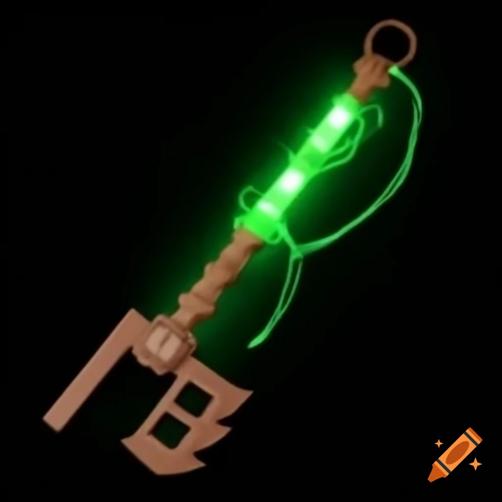 Wooden multi-layered Keyblade with green glowing string