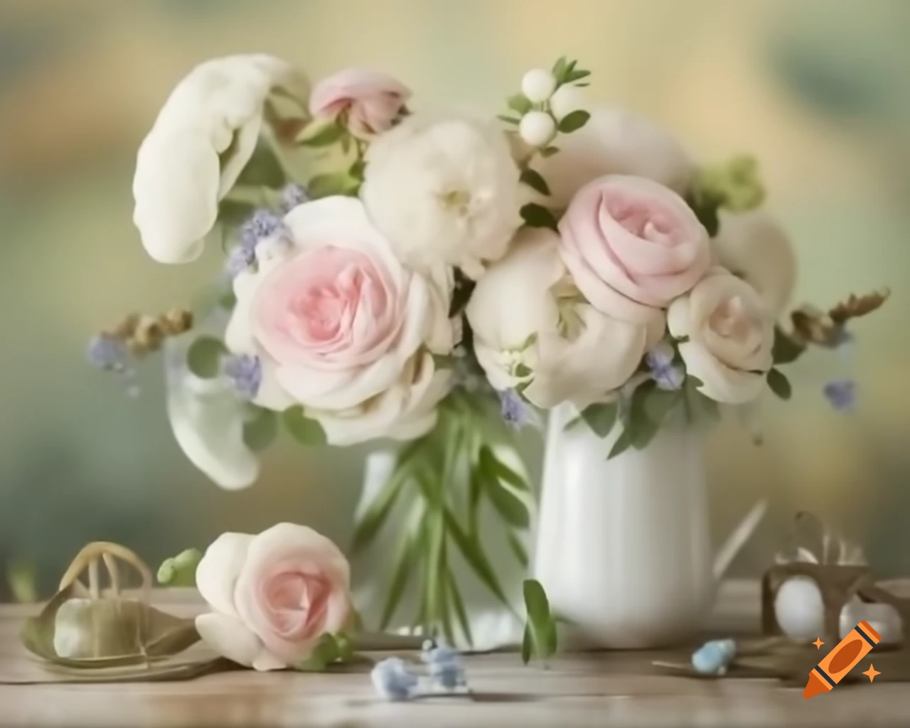 Vintage farmhouse aesthetic with jewels and gems in an English botanic garden with flowers and birds