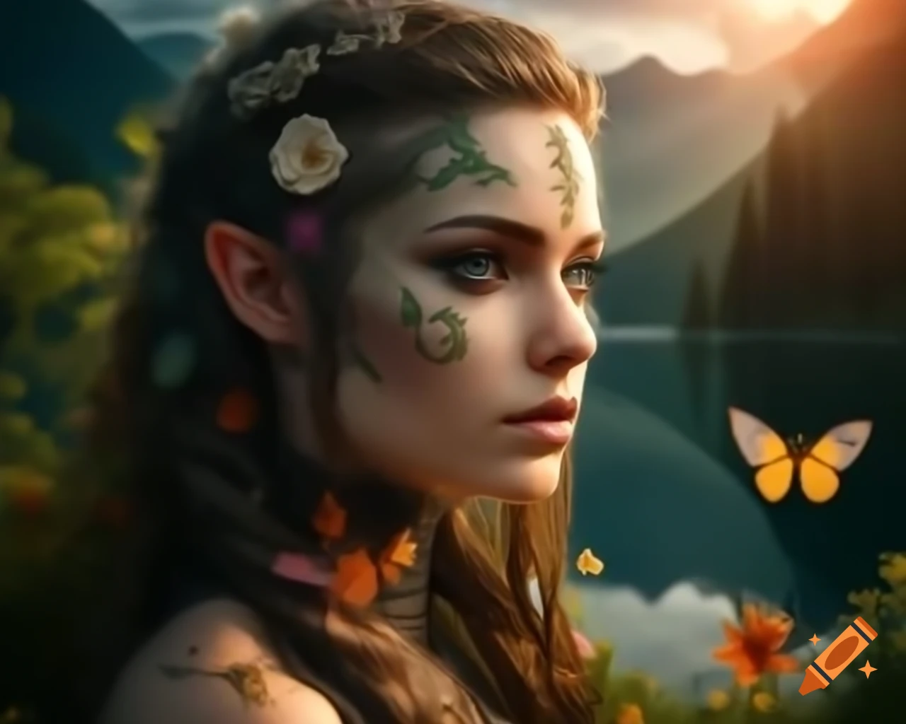 Hyperrealistic portrayal of a mystical Norse Celtic woman with flowers and butterflies in her hair