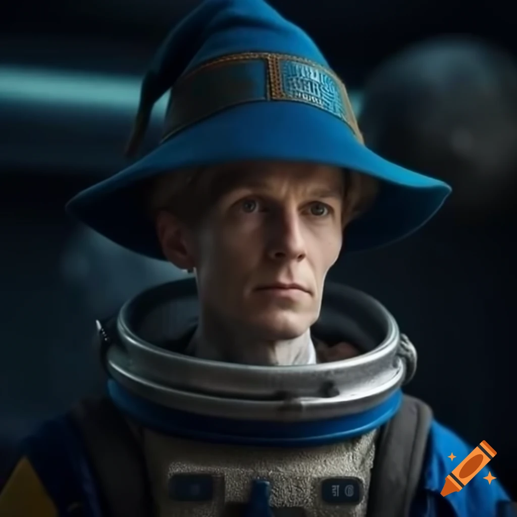 Humanoid character in wizard hat and spacesuit in outer space on craiyon
