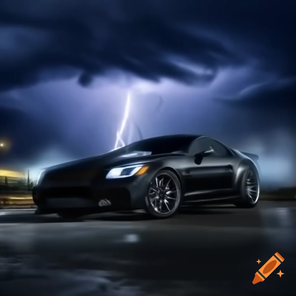 Sportscar at night with thunderstorm and 'yes' letters in foreground