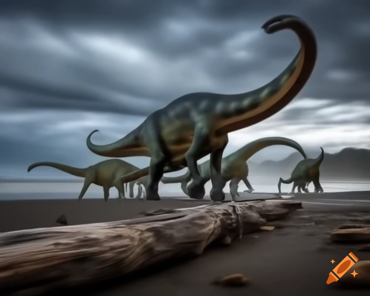Diplodocus walking along the coast in British Columbia under dramatic clouds