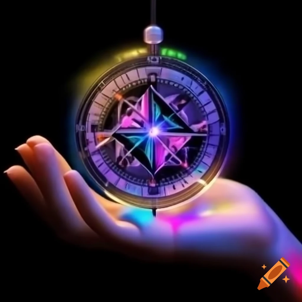 Compass held in hand with holographic tesseract cube